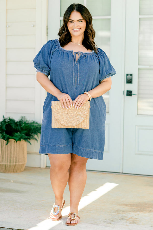 Chic Soul plus size clothing, short bubble sleeve medium wash denim romper with string tie at ruched neckline and fringed hem on sleeves and neckline