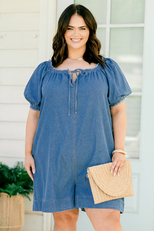 Chic Soul plus size clothing, short bubble sleeve medium wash denim romper with string tie at ruched neckline and fringed hem on sleeves and neckline