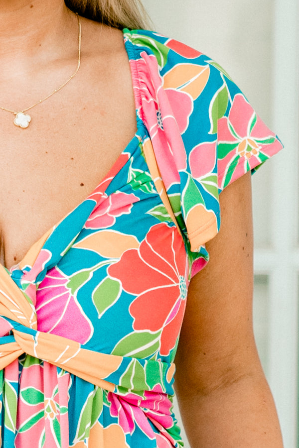 Chic Soul plus size clothing, short sleeve blue multi floral print maxi dress with v neckline with sinched waist detail with pink floral ruffle along the bottom