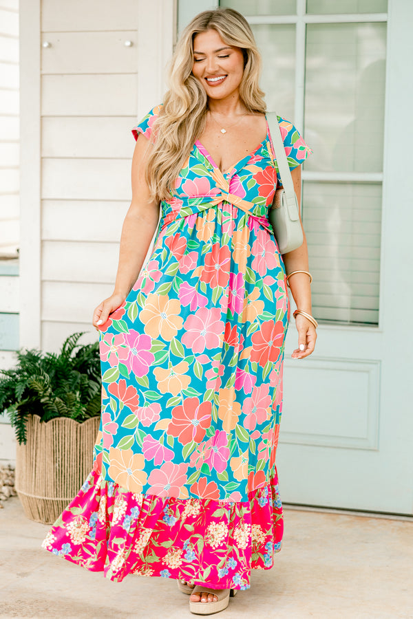 Chic Soul plus size clothing, short sleeve blue multi floral print maxi dress with v neckline with sinched waist detail with pink floral ruffle along the bottom