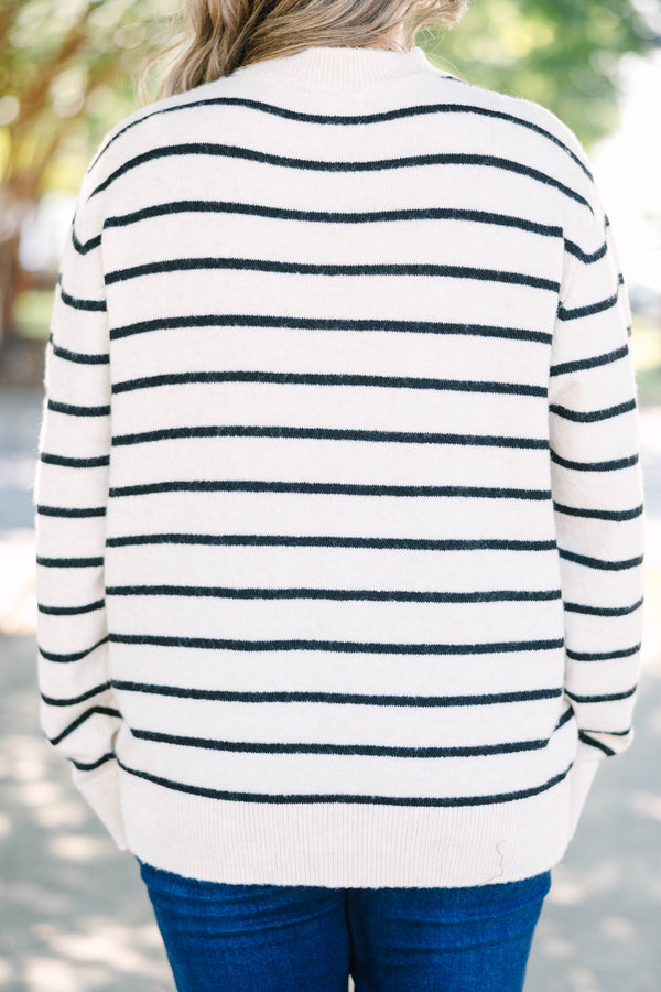 Plus Size oatmeal cardigan with black horizontal stripes, gold buttons, and a crew neckline.
