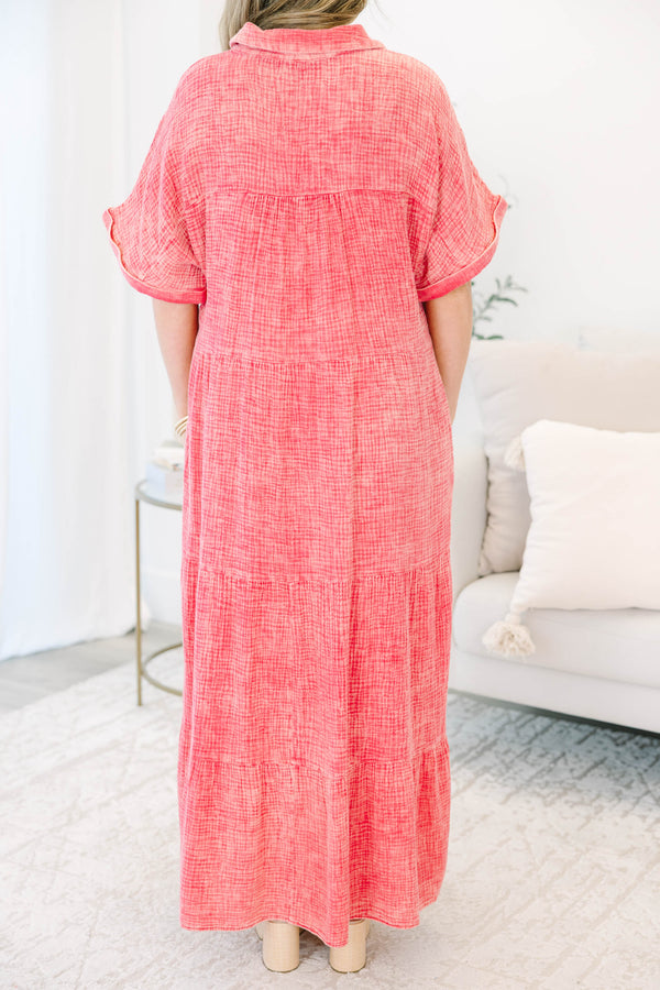 Plus Size pink button-down maxi dress with short sleeves, a collar, and tiered skirt in cotton.