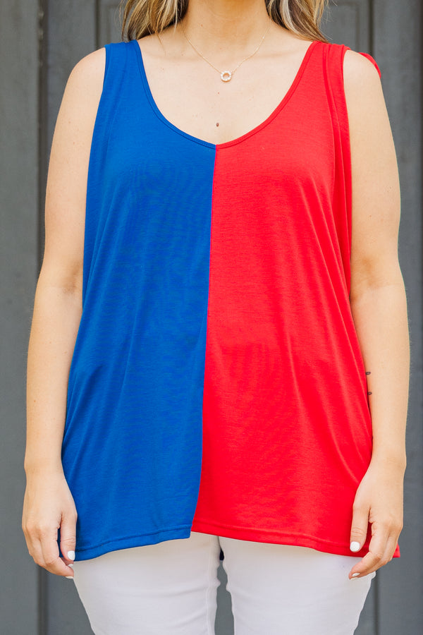 Chic Soul plus size clothing, blue and red split sleeveless tank with v neckline