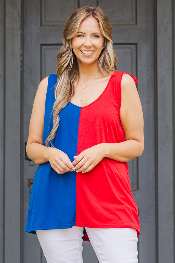 Chic Soul plus size clothing, blue and red split sleeveless tank with v neckline