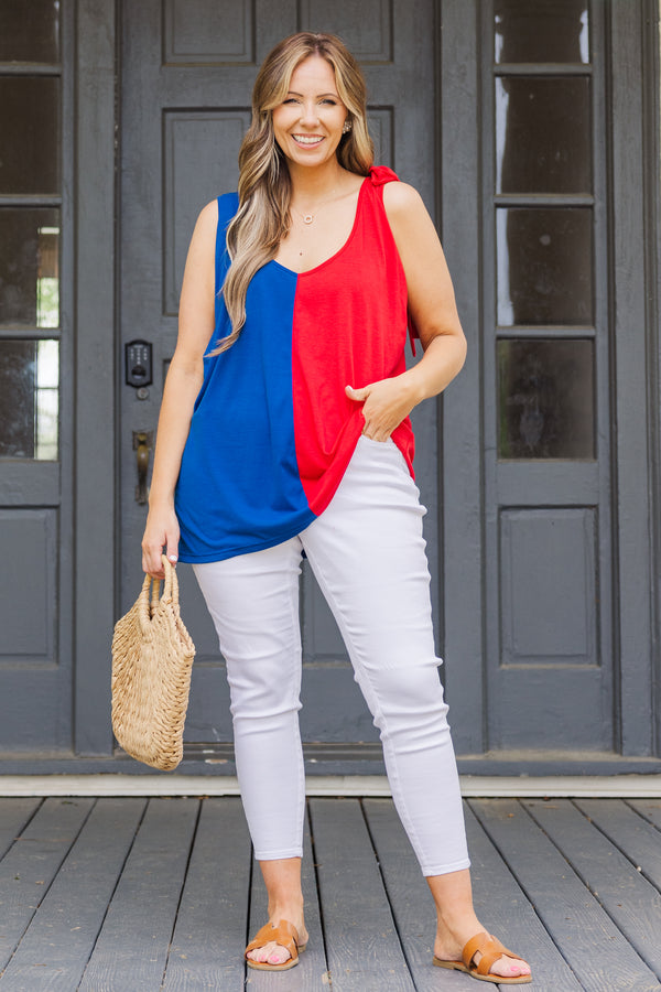 Chic Soul plus size clothing, blue and red split sleeveless tank with v neckline