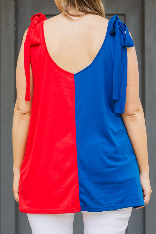 Chic Soul plus size clothing, blue and red split sleeveless tank with v neckline