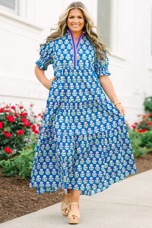 Chic Soul plus size clothing, cobalt blue short sleeve floral block print maxi dress 