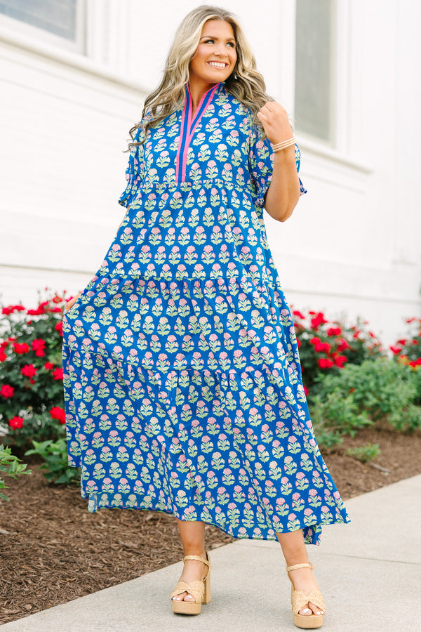Chic Soul plus size clothing, cobalt blue short sleeve floral block print maxi dress 
