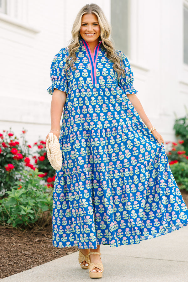 Chic Soul plus size clothing, cobalt blue short sleeve floral block print maxi dress 