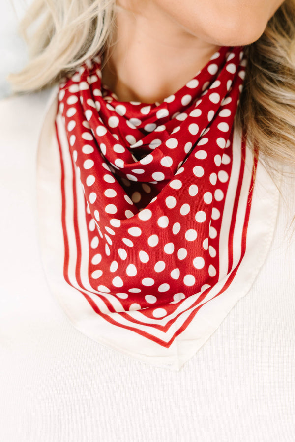 Plus Size red scarf with white polka dots and a striped border 