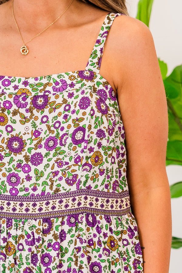 Chic Soul plus size clothing, strappy off-white mixed colored midi dress with purple floral details and square neckline