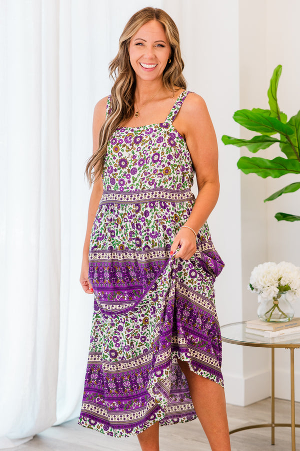 Chic Soul plus size clothing, strappy off-white mixed colored midi dress with purple floral details and square neckline