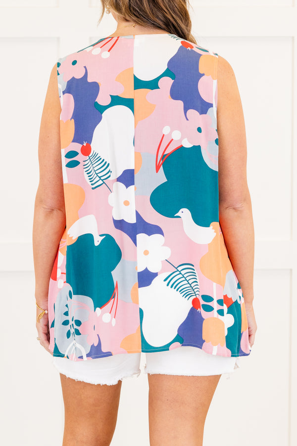 Chic Soul plus size clothing, pink tank with a multi-color floral print and u-shaped neckline 