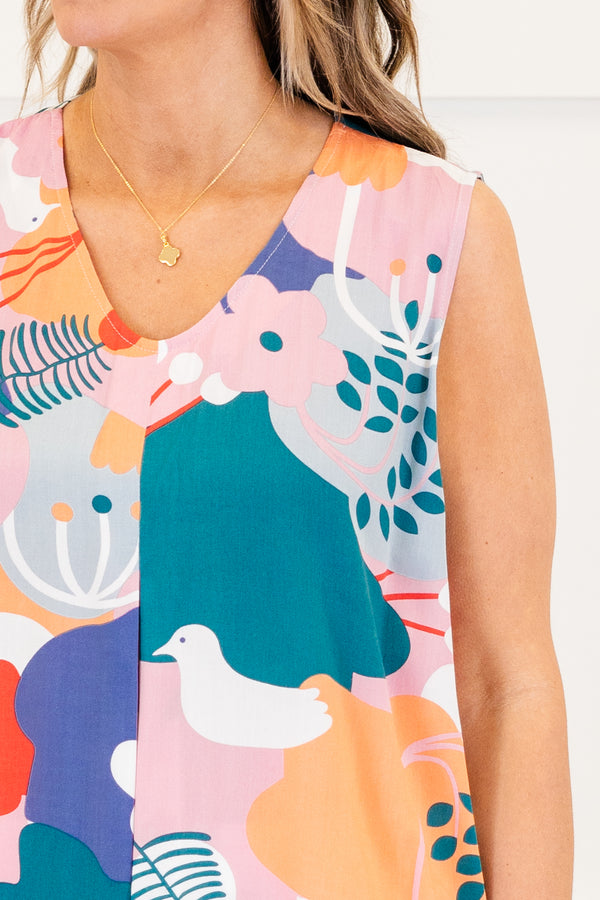 Chic Soul plus size clothing, pink tank with a multi-color floral print and u-shaped neckline 
