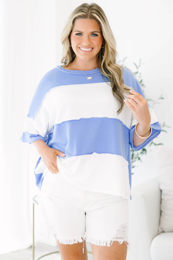 Plus Size cornflower blue and white wide-striped tee with raw-edge seams