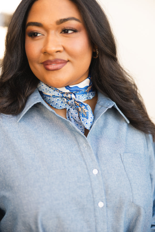 Chic Soul plus size clothing, blue floral scarf with various abstract and floral patterns with hints of gold 