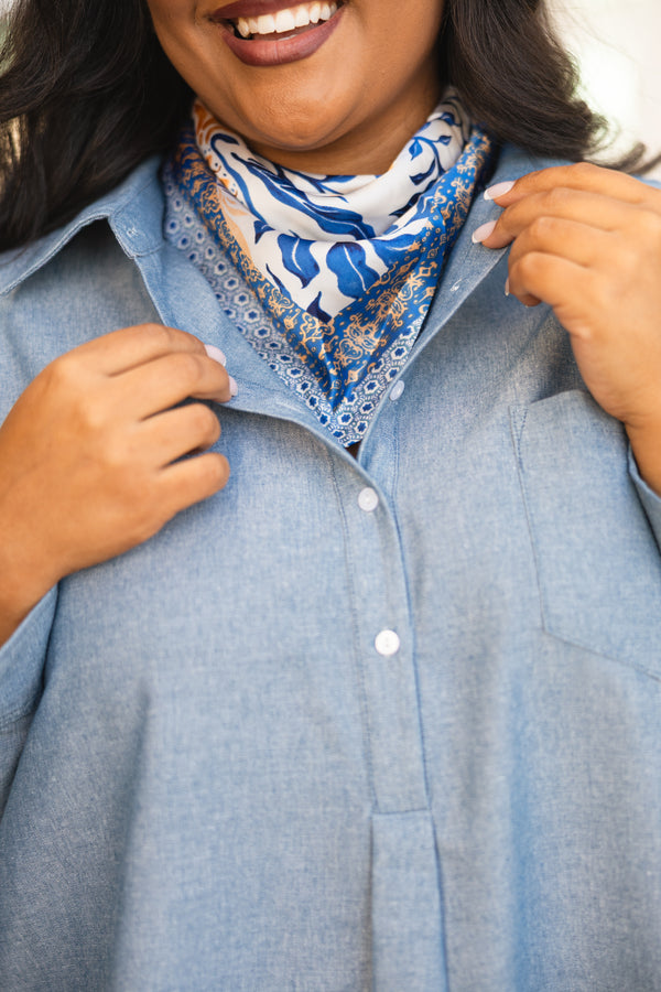 Chic Soul plus size clothing, blue floral scarf with various abstract and floral patterns with hints of gold 
