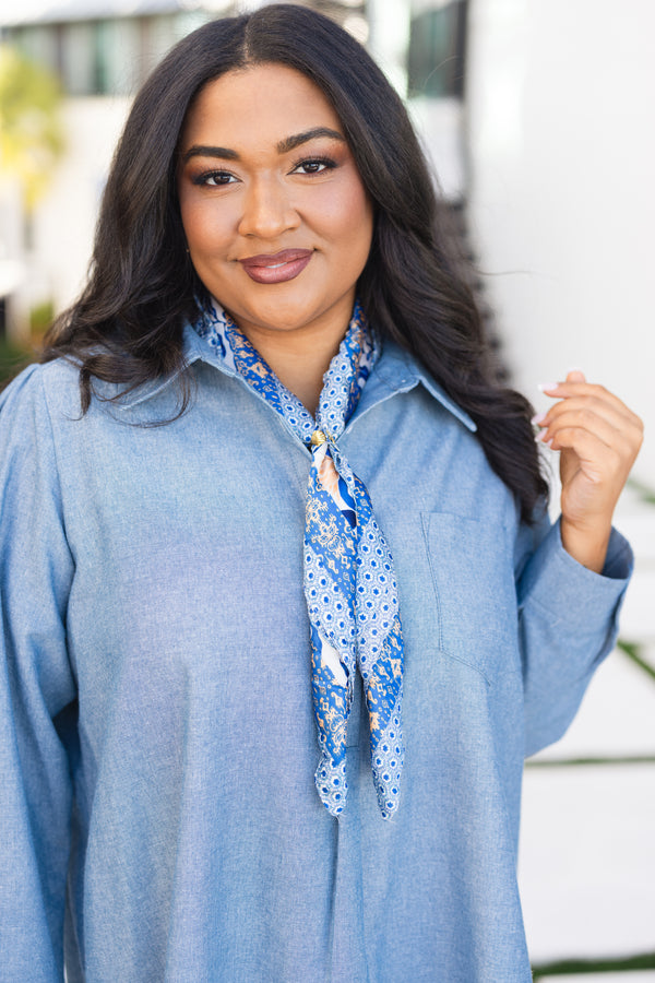 Chic Soul plus size clothing, blue floral scarf with various abstract and floral patterns with hints of gold 
