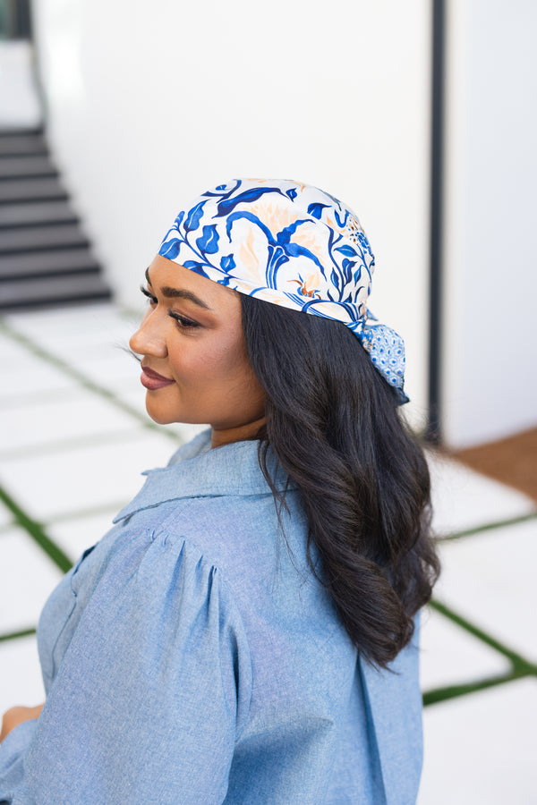 Chic Soul plus size clothing, blue floral scarf with various abstract and floral patterns with hints of gold 