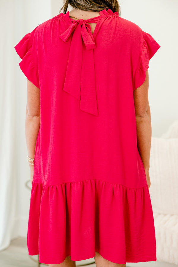 Chic Soul plus size clothing, short-flutter-sleeve fuchsia pink ruffled dress with a ruffled mock neck 
