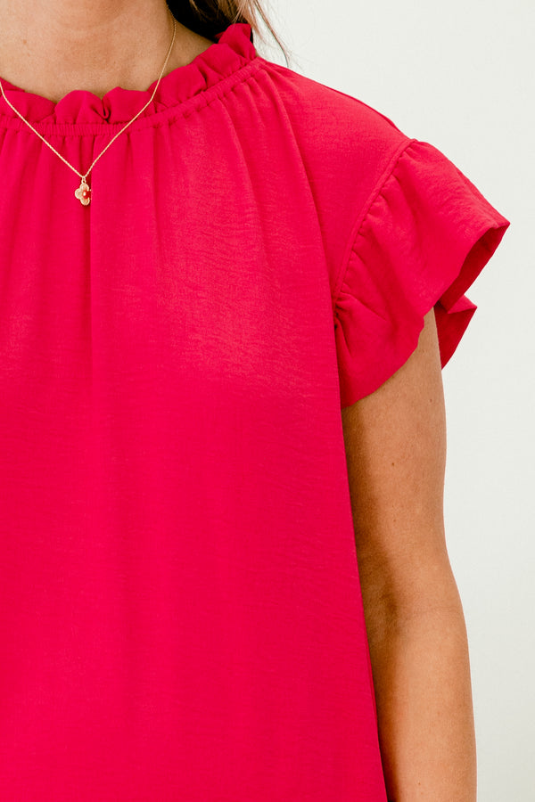 Chic Soul plus size clothing, short-flutter-sleeve fuchsia pink ruffled dress with a ruffled mock neck 