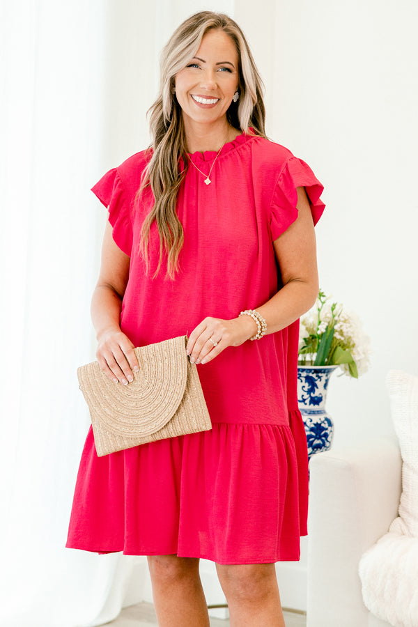 Chic Soul plus size clothing, short-flutter-sleeve fuchsia pink ruffled dress with a ruffled mock neck 
