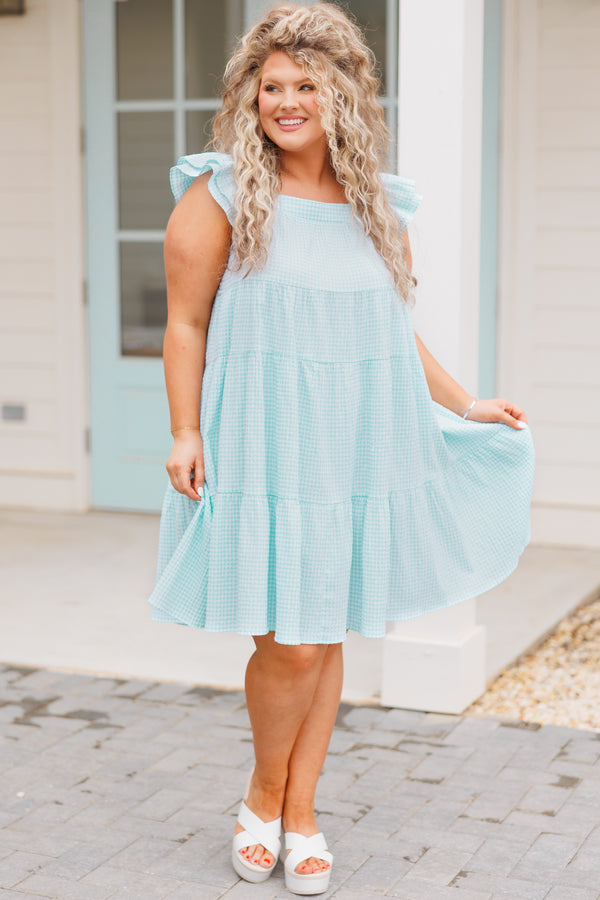 Chic Soul plus size clothing, mint blue and white gingham pattern tiered flowy dress with flutter sleeves