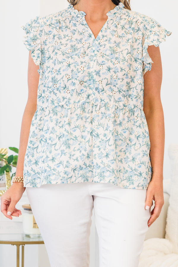 Chic Soul plus size clothing, white short sleeve eyelet floral top with v cutout along neckline with ruffle sleeves and blue eyelet floral design