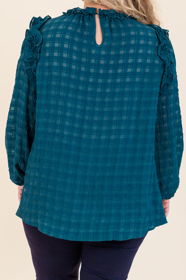 Chic Soul plus size clothing, long sleeve checkered material that is slightly see through with cuffed sleeves and ruffle detail along shoulders and neckline

