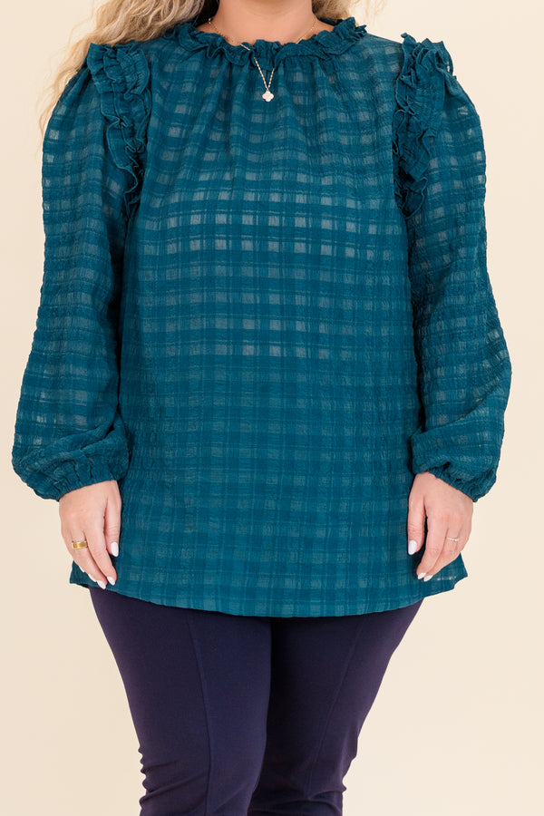 Chic Soul plus size clothing, long sleeve checkered material that is slightly see through with cuffed sleeves and ruffle detail along shoulders and neckline
