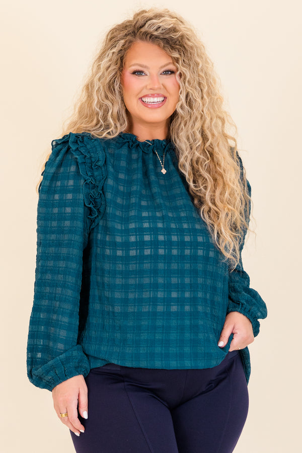 Chic Soul plus size clothing, long sleeve checkered material that is slightly see through with cuffed sleeves and ruffle detail along shoulders and neckline
