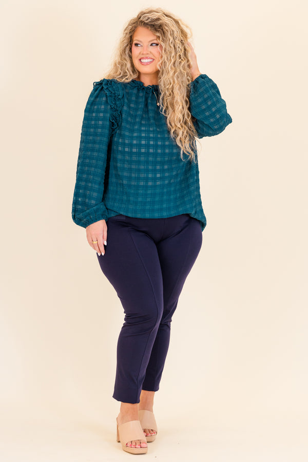 Chic Soul plus size clothing, long sleeve checkered material that is slightly see through with cuffed sleeves and ruffle detail along shoulders and neckline
