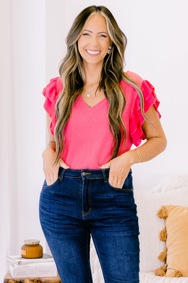 Chic Soul plus size clothing, fuchsia short sleeve bodysuit with v neckline with tiered ruffle sleeves