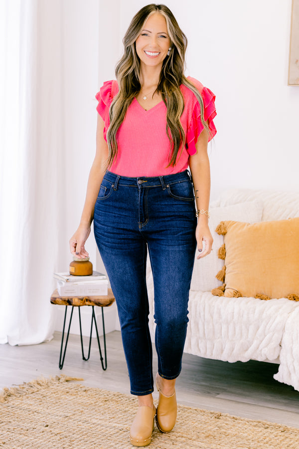 Chic Soul plus size clothing, fuchsia short sleeve bodysuit with v neckline with tiered ruffle sleeves