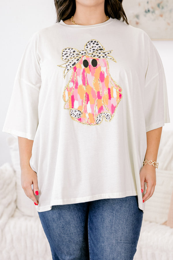 Chic Soul plus size clothing, ivory half sleeve crewneck tee with pink and orange watercolor ghost wearing a black polka dot bow graphic