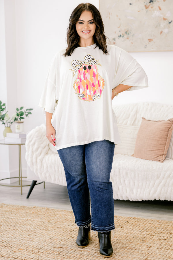 Chic Soul plus size clothing, ivory half sleeve crewneck tee with pink and orange watercolor ghost wearing a black polka dot bow graphic
