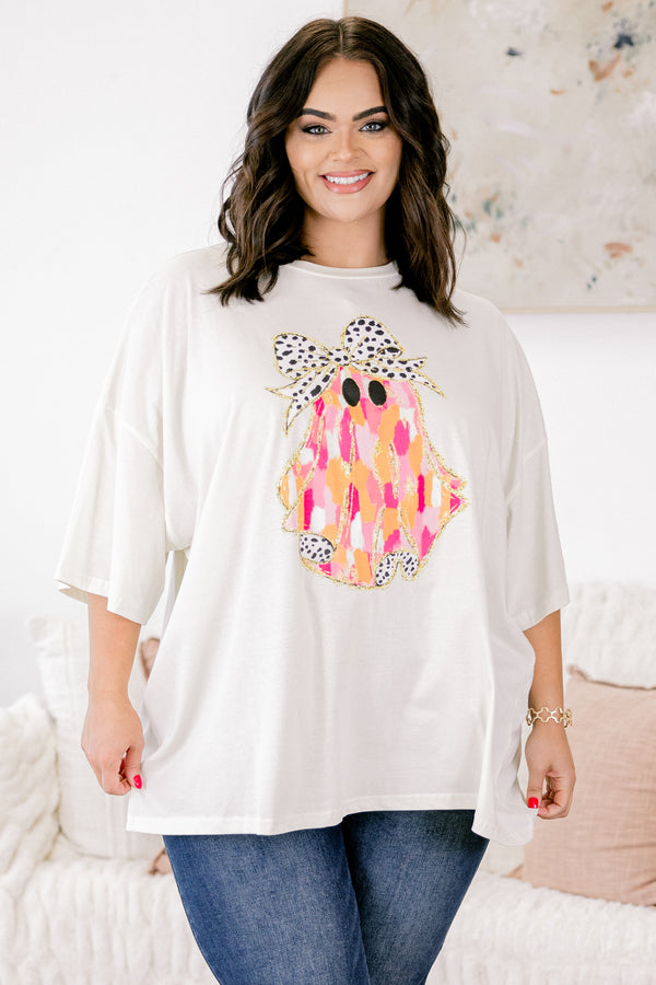 Chic Soul plus size clothing, ivory half sleeve crewneck tee with pink and orange watercolor ghost wearing a black polka dot bow graphic