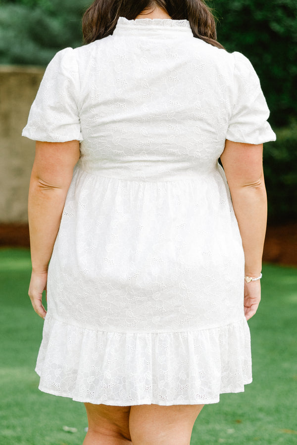 Chic Soul plus size clothing, white collared baby doll dress with button detailing and puffed sleeves