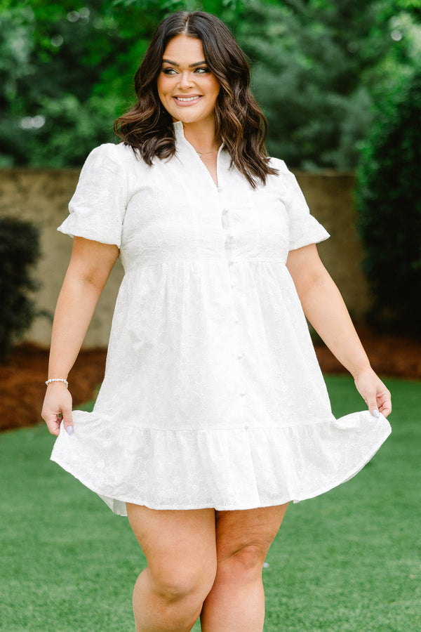 Chic Soul plus size clothing, white collared baby doll dress with button detailing and puffed sleeves