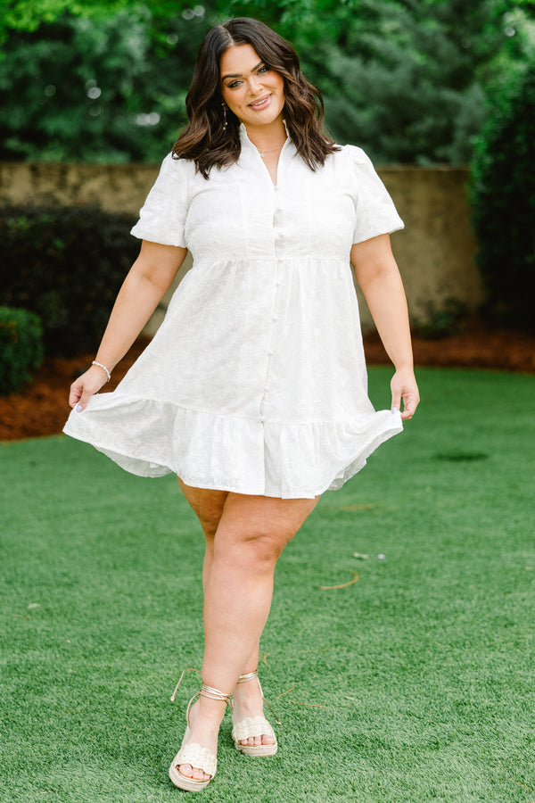 Chic Soul plus size clothing, white collared baby doll dress with button detailing and puffed sleeves