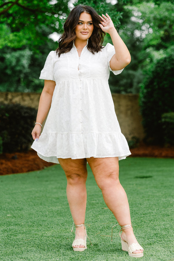Chic Soul plus size clothing, white collared baby doll dress with button detailing and puffed sleeves
