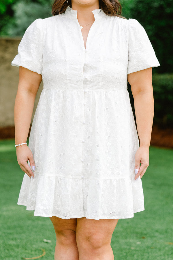 Chic Soul plus size clothing, white collared baby doll dress with button detailing and puffed sleeves