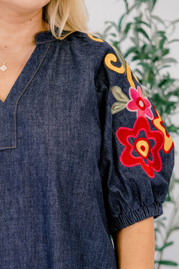 Chic Soul plus size clothing, short denim dress with bubble sleeves and colorful flora designs on each sleeve 