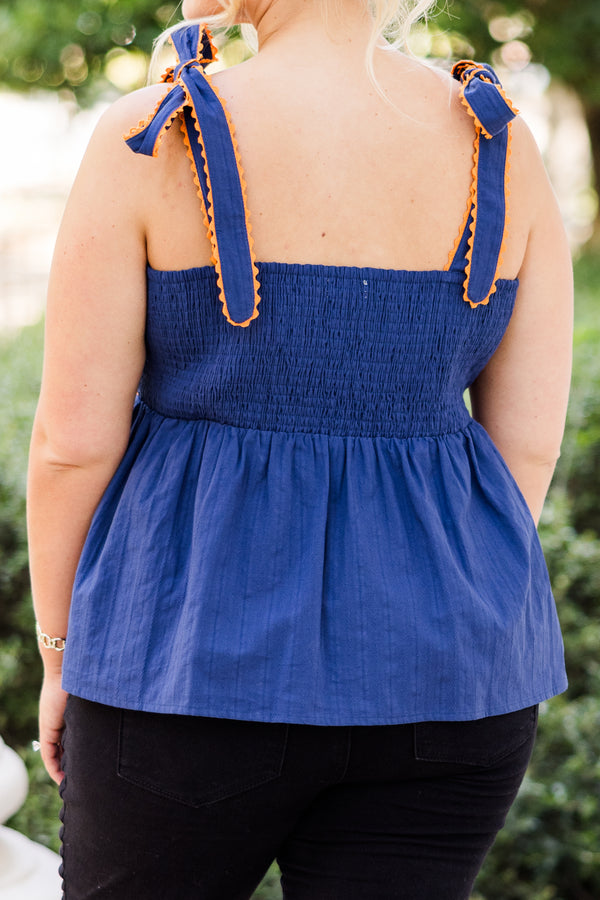 Chic Soul plus size clothing, blue-orange tank top with peplum structure with square neckline with tie strap detail with orange scalloped detail along chest and straps