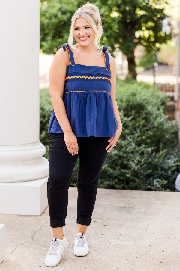 Chic Soul plus size clothing, blue-orange tank top with peplum structure with square neckline with tie strap detail with orange scalloped detail along chest and straps