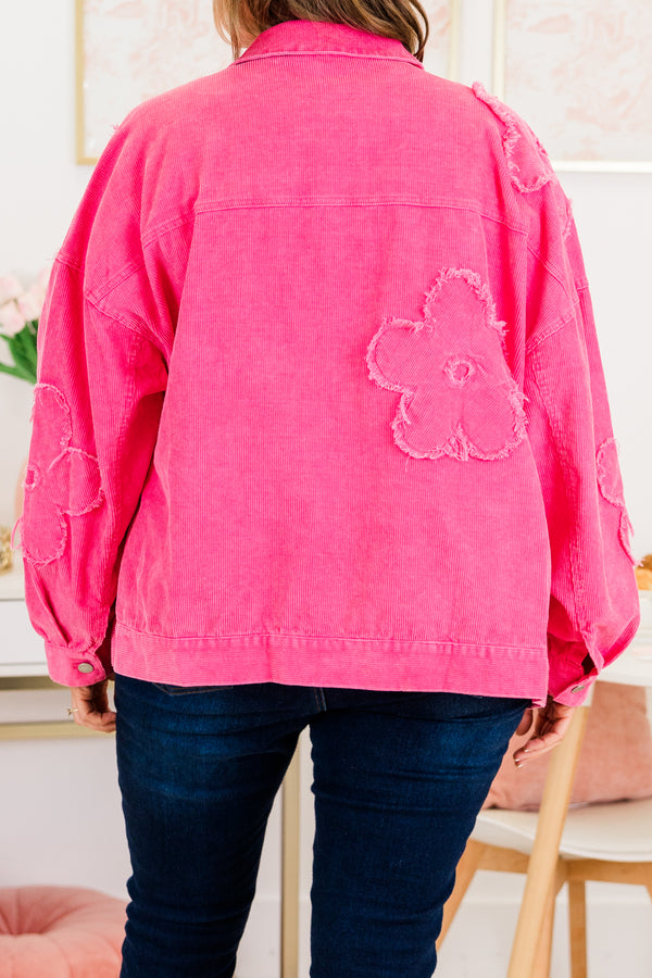 Chic Soul plus size clothing, hot pink button down collared denim jacket with flower patch design