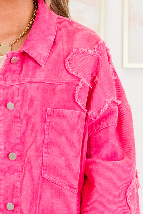 Chic Soul plus size clothing, hot pink button down collared denim jacket with flower patch design
