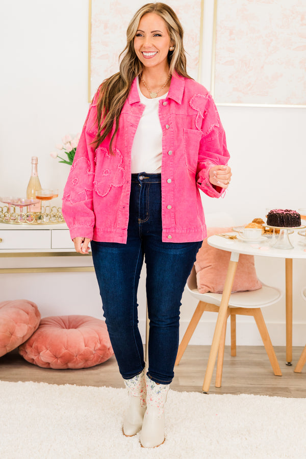 Chic Soul plus size clothing, hot pink button down collared denim jacket with flower patch design