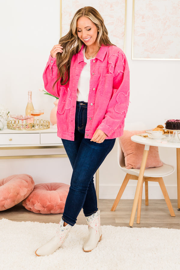 Chic Soul plus size clothing, hot pink button down collared denim jacket with flower patch design