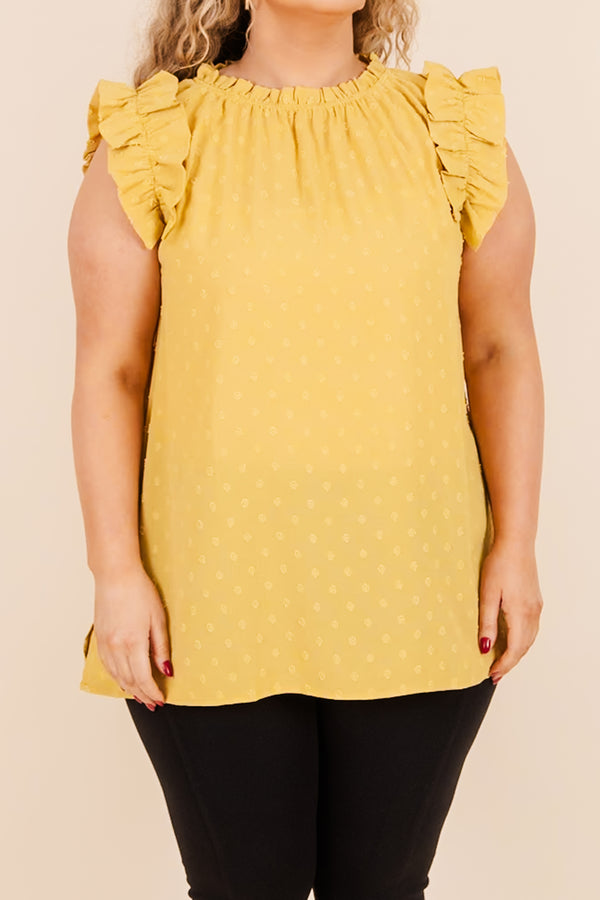 Chic Soul plus size clothing, gold mustard top with short flutter sleeves and polka dots